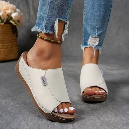 Momount Sandale Wedge Platformă Damă – Mule din Piele Maro cu Vârf Deschis