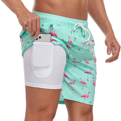 Pantaloni de Baie Momount Bărbați – Imprimeu Palmier, Liner Compresie, Uscare Rapidă, Lungime Medie