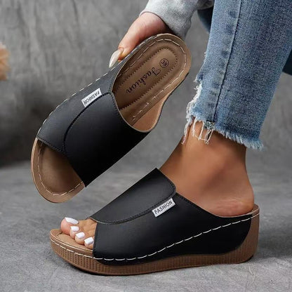 Momount Sandale Wedge Platformă Damă – Mule din Piele Maro cu Vârf Deschis