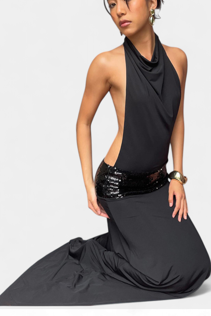 Momount Rochie Maxi de Vară – Elegantă fără Mâneci cu Halter Drapată