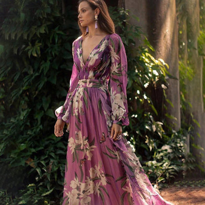 Marciana | Rochie Maxi Boho din Șifon Floral cu Decolteu V tip Wrap