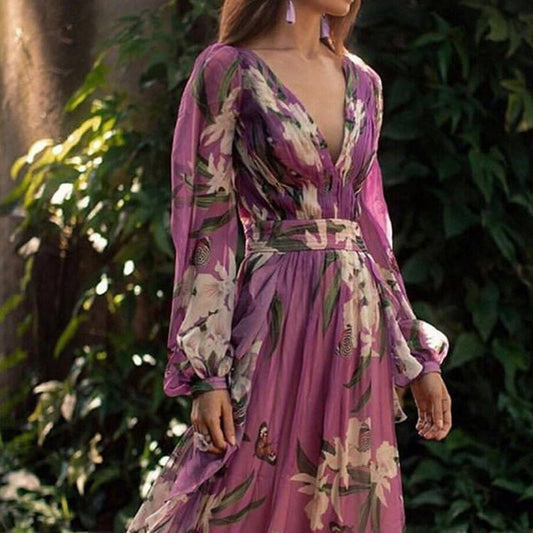 Marciana | Rochie Maxi Boho din Șifon Floral cu Decolteu V tip Wrap