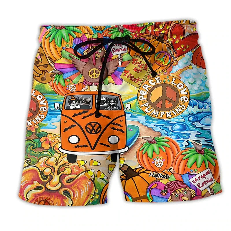 Pantaloni de Baie Momount Bărbați – Imprimeu Grafic Vans Hippie, Cordon pentru Vară