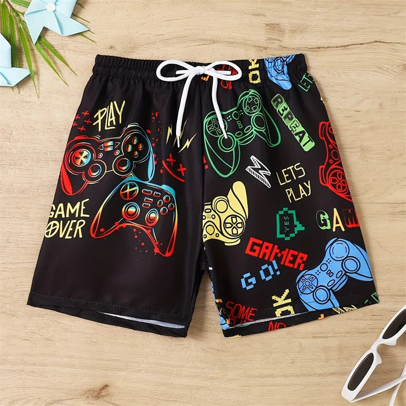 Pantaloni de Baie Momount Bărbați – Imprimeu cu Controler Gaming, Cordon, Lungime Medie