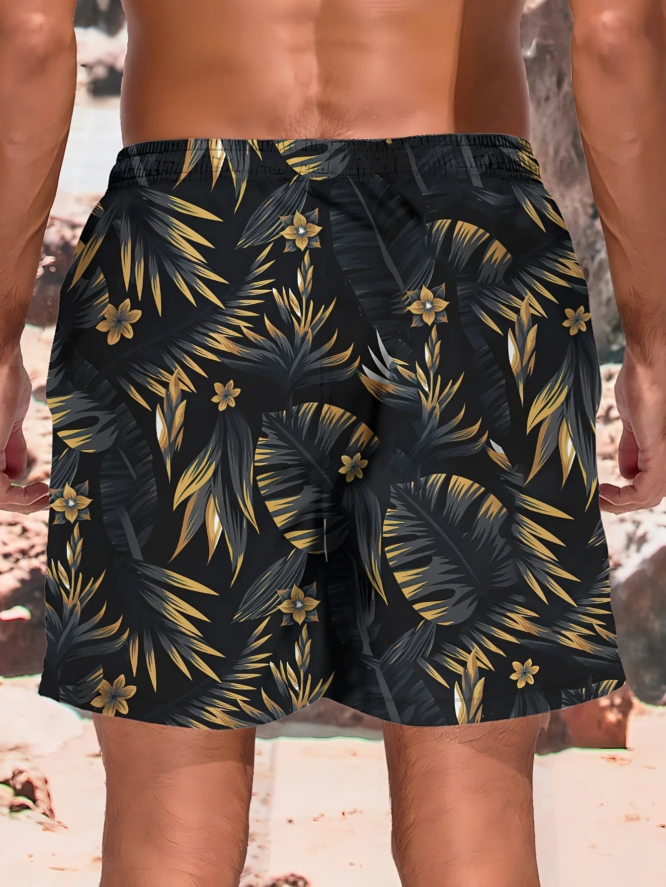 Momount Pantaloni de Baie Bărbați – Imprimeu Frunze Tropicale cu Șnur Lungime Genunchi