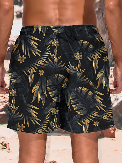 Momount Pantaloni de Baie Bărbați – Imprimeu Frunze Tropicale cu Șnur Lungime Genunchi