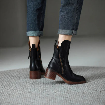 Celeste | Cizme Glezniere Western din Piele cu Toc Bloc