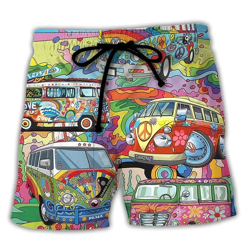 Pantaloni de Baie Momount Bărbați – Imprimeu Grafic Vans Hippie, Cordon pentru Vară