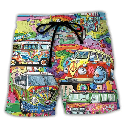 Pantaloni de Baie Momount Bărbați – Imprimeu Grafic Vans Hippie, Cordon pentru Vară