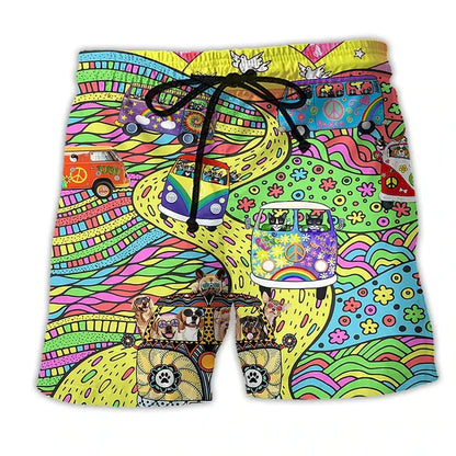 Pantaloni de Baie Momount Bărbați – Imprimeu Grafic Vans Hippie, Cordon pentru Vară