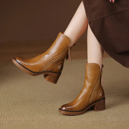 Celeste | Cizme Glezniere Western din Piele cu Toc Bloc