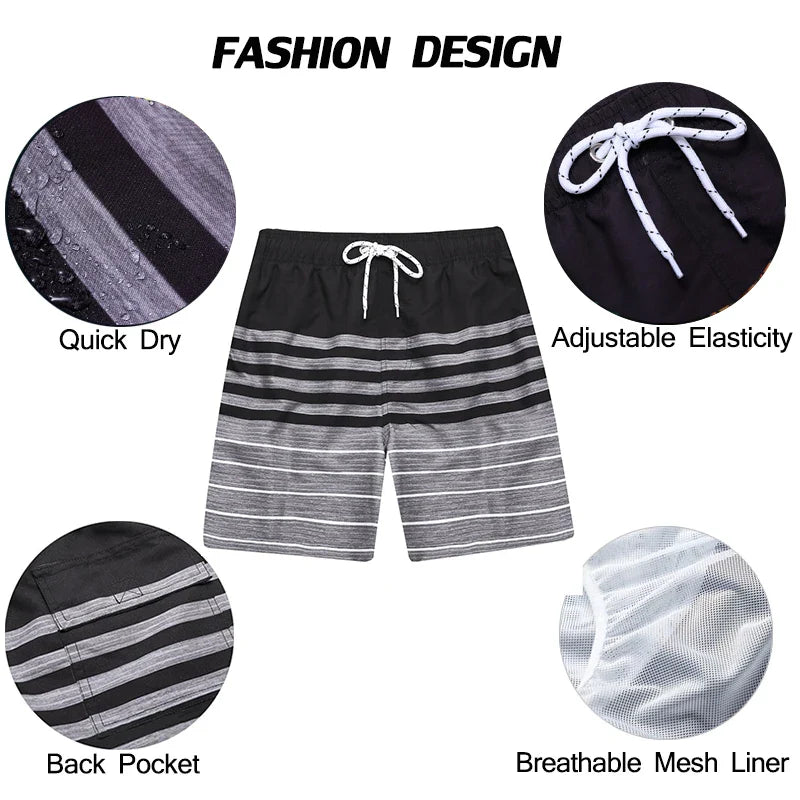Pantaloni de Baie Momount Bărbați – Dungi, Cordon, Uscare Rapidă, Plajă de Vară