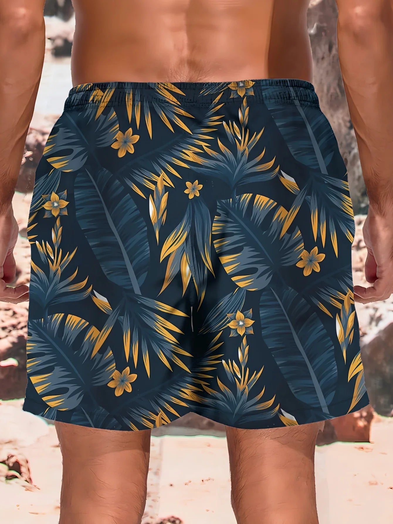 Momount Pantaloni de Baie Bărbați – Imprimeu Frunze Tropicale cu Șnur Lungime Genunchi