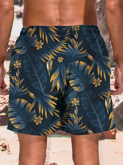 Momount Pantaloni de Baie Bărbați – Imprimeu Frunze Tropicale cu Șnur Lungime Genunchi