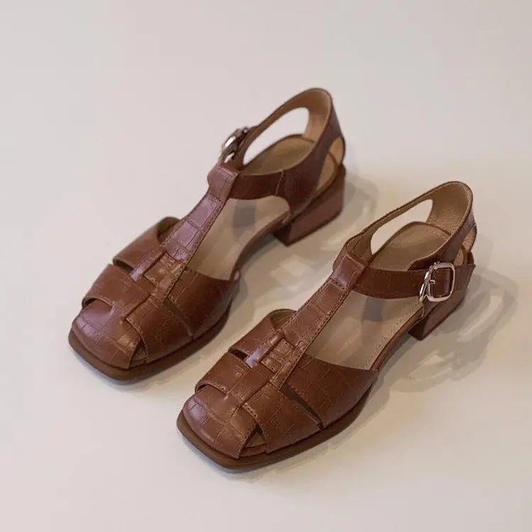 Cordelia Vintage Leather Mary Jane Block Heel Sandals
