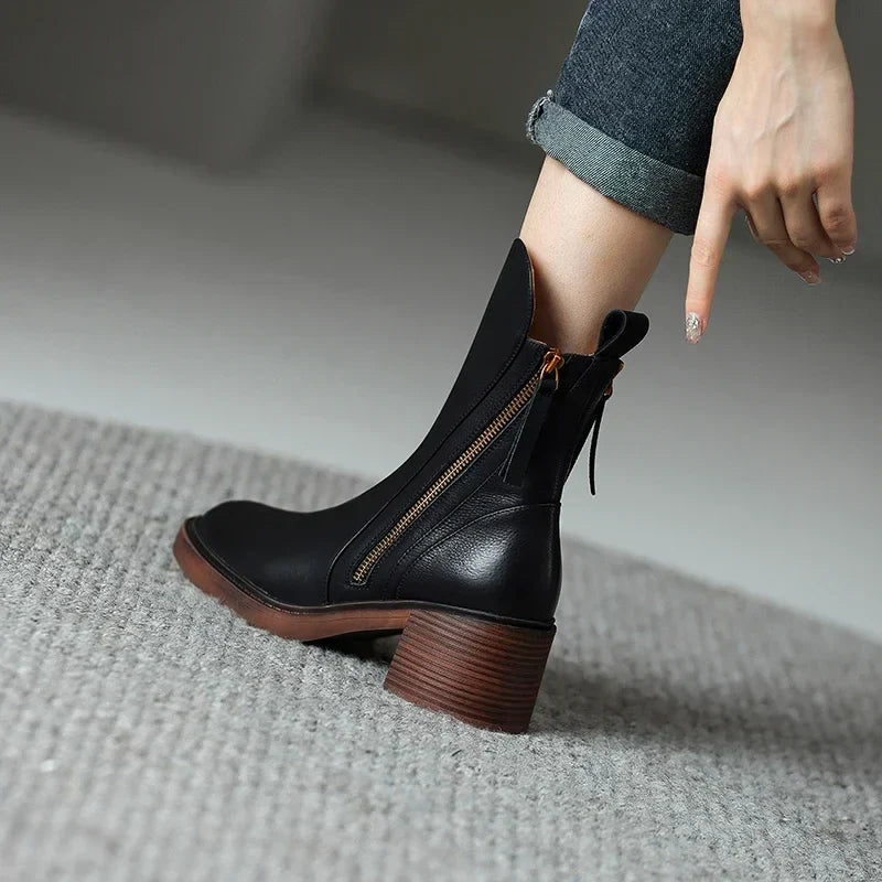 Celeste | Cizme Glezniere Western din Piele cu Toc Bloc