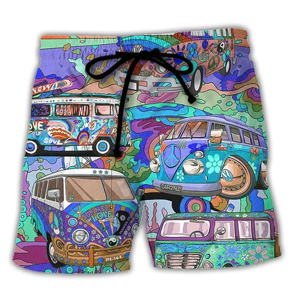 Pantaloni de Baie Momount Bărbați – Imprimeu Grafic Vans Hippie, Cordon pentru Vară