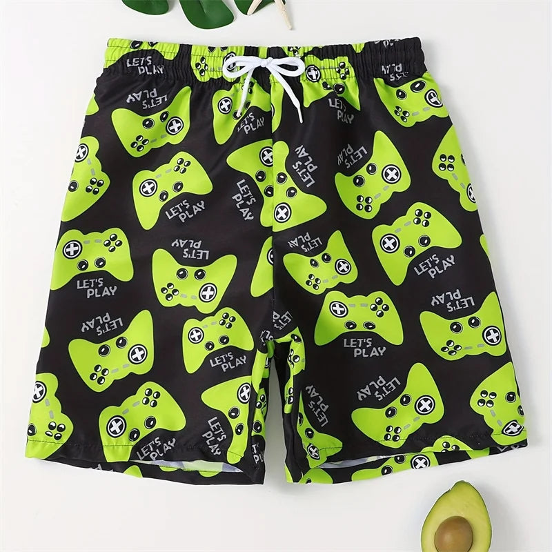 Pantaloni de Baie Momount Bărbați – Imprimeu cu Controler Gaming, Cordon, Lungime Medie