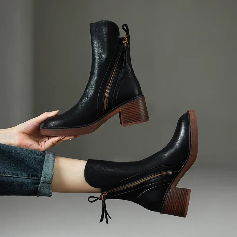 Celeste | Cizme Glezniere Western din Piele cu Toc Bloc