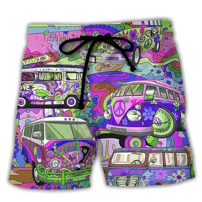 Pantaloni de Baie Momount Bărbați – Imprimeu Grafic Vans Hippie, Cordon pentru Vară