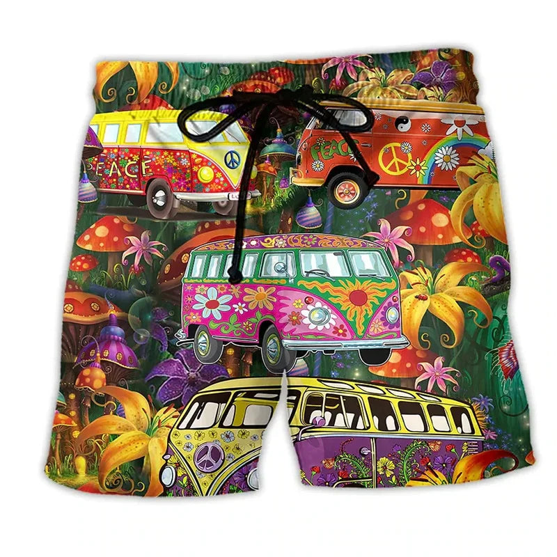 Pantaloni de Baie Momount Bărbați – Imprimeu Grafic Vans Hippie, Cordon pentru Vară