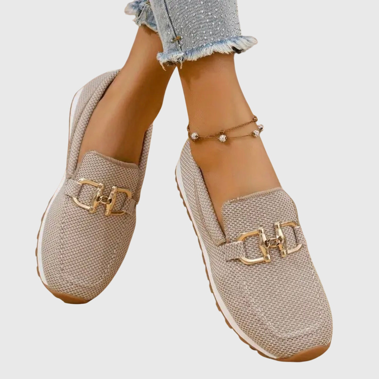 Mocasini Tricotați Momount Damă – Plasă cu Bit Auriu, Platformă, Slip-On Confort