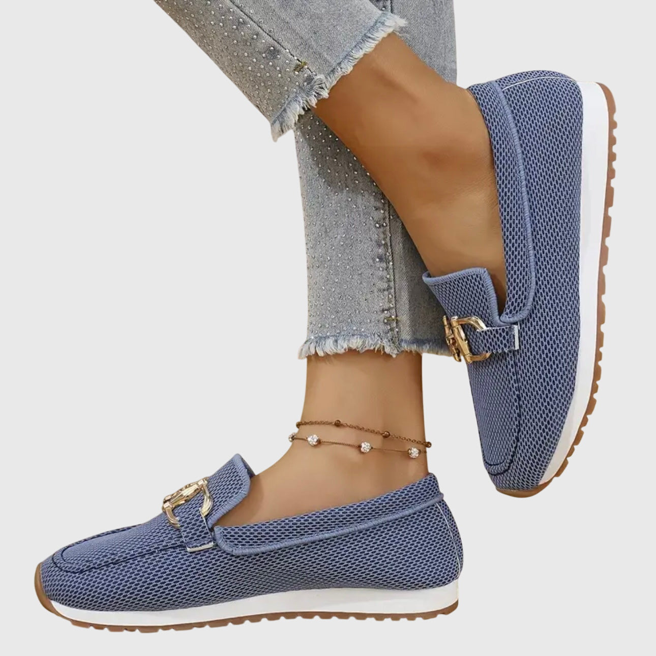 Mocasini Tricotați Momount Damă – Plasă cu Bit Auriu, Platformă, Slip-On Confort