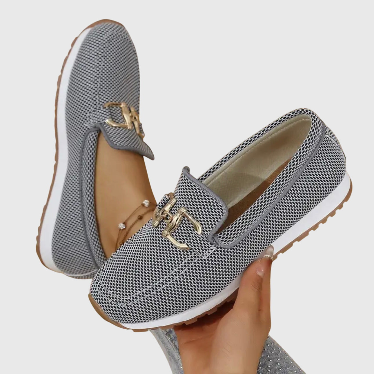 Mocasini Tricotați Momount Damă – Plasă cu Bit Auriu, Platformă, Slip-On Confort
