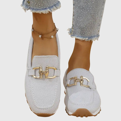 Mocasini Tricotați Momount Damă – Plasă cu Bit Auriu, Platformă, Slip-On Confort