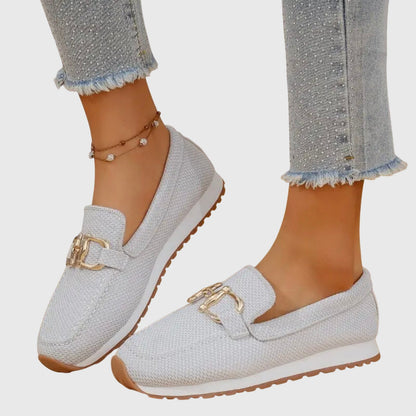 Mocasini Tricotați Momount Damă – Plasă cu Bit Auriu, Platformă, Slip-On Confort