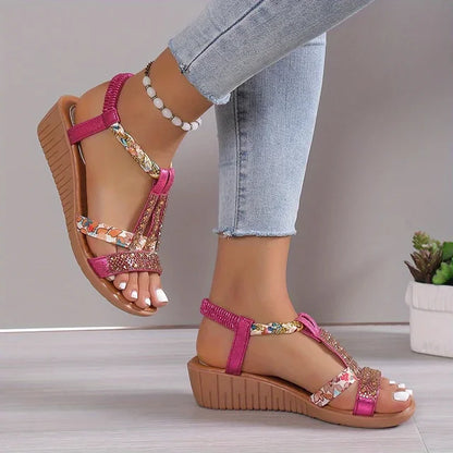 Sandale Wedge Momount Damă – Fuchsia cu Flori, Strasuri, Împletite, Boho