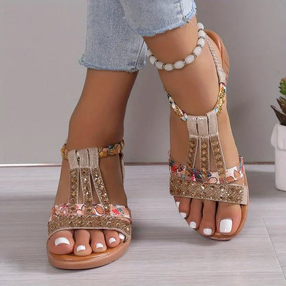 Sandale Wedge Momount Damă – Fuchsia cu Flori, Strasuri, Împletite, Boho