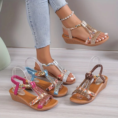 Sandale Wedge Momount Damă – Fuchsia cu Flori, Strasuri, Împletite, Boho