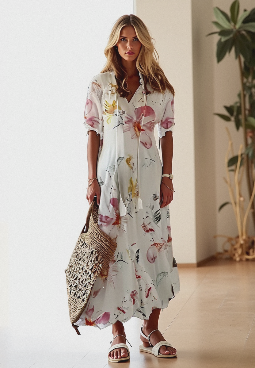 Isadora | Rochie Maxi Boho de Vară cu Imprimeu Floral și Nasturi
