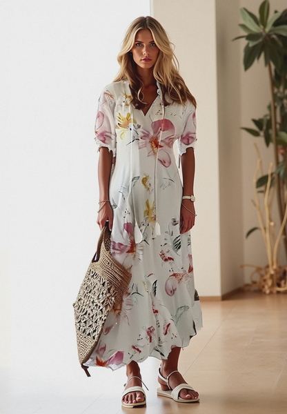 Isadora | Rochie Maxi Boho de Vară cu Imprimeu Floral și Nasturi