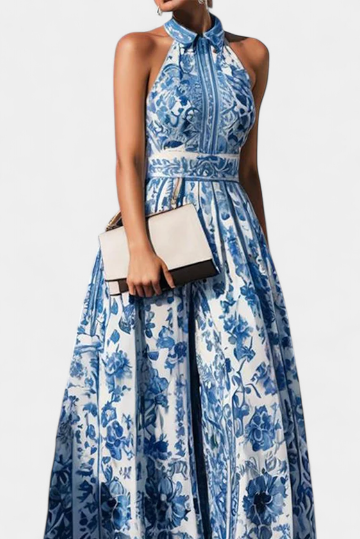 Rochie Maxi Florală Momount Damă – Halter, Fără Mâneci, Eleganta