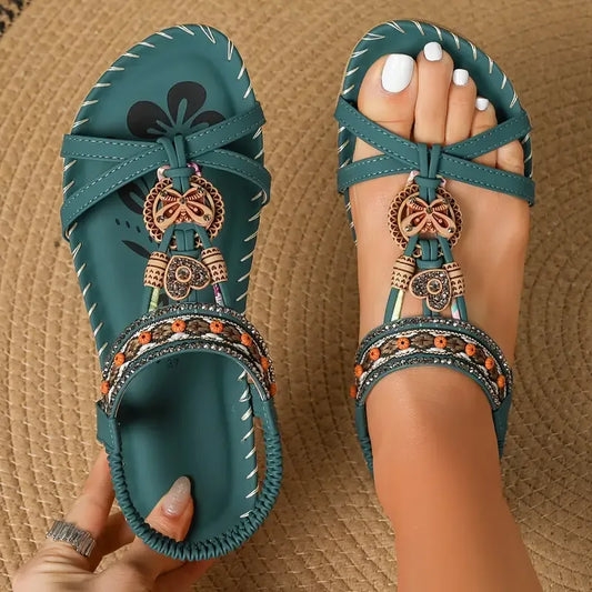 Sandale Slingback Momount Damă – Turcoaz Boho cu Mărgele și Strasuri, Plate