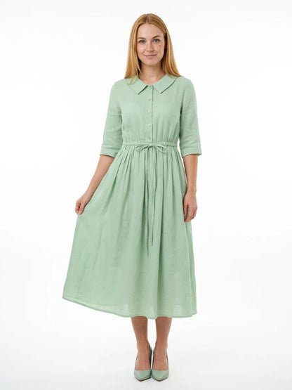 Hazel Tie-Waist Midi Dress | Button Front, V-Neck, Casual - Light Green - front