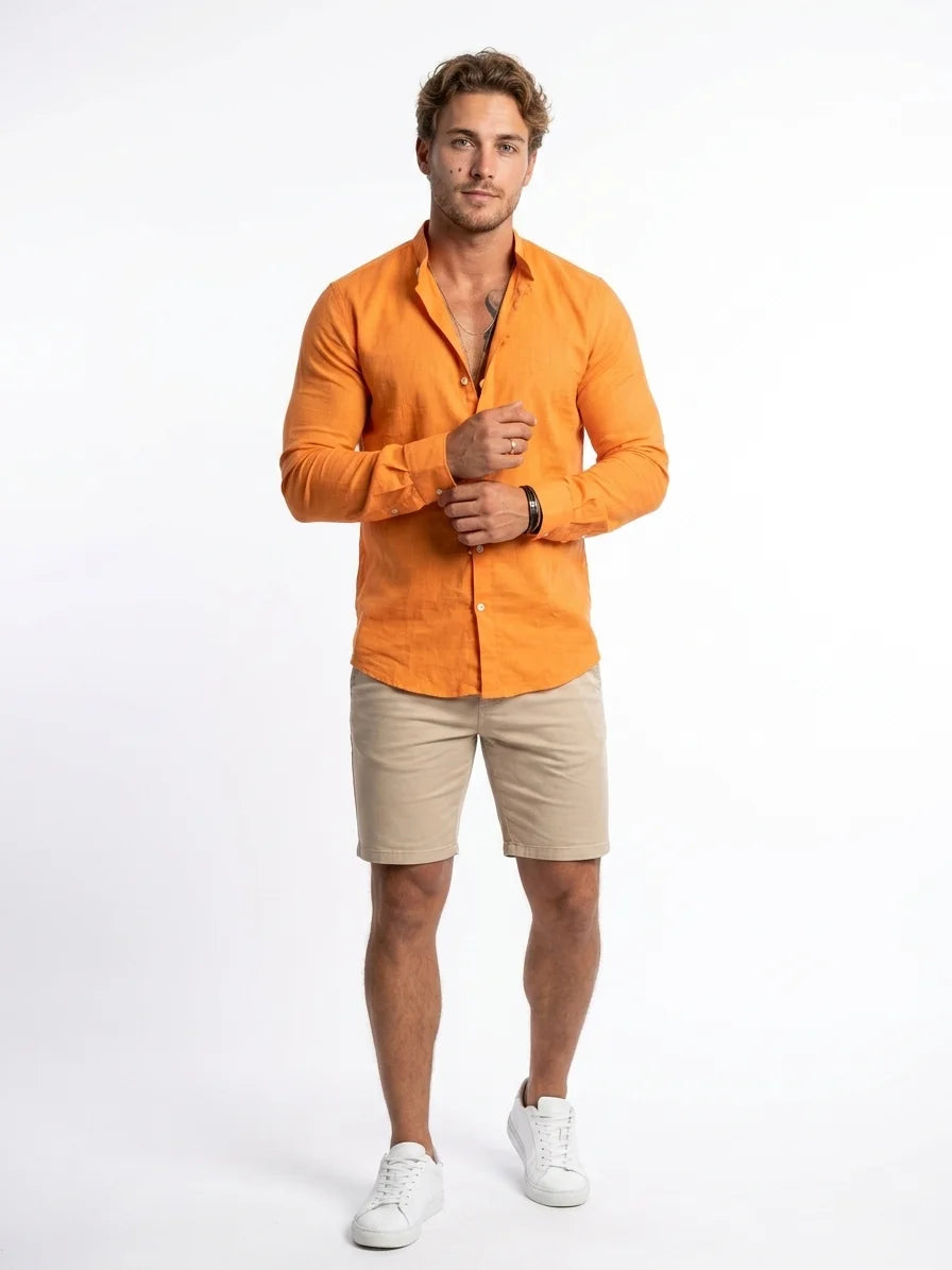 Momount Men Linen Shirt – Long Sleeve Slim Fit Point Collar Classic - Orange - front