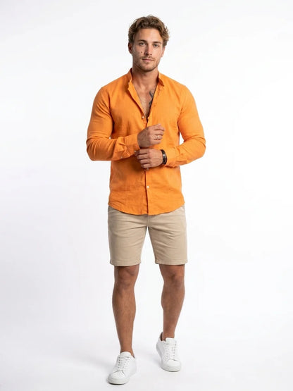 Momount Men Linen Shirt – Long Sleeve Slim Fit Point Collar Classic - Orange - front
