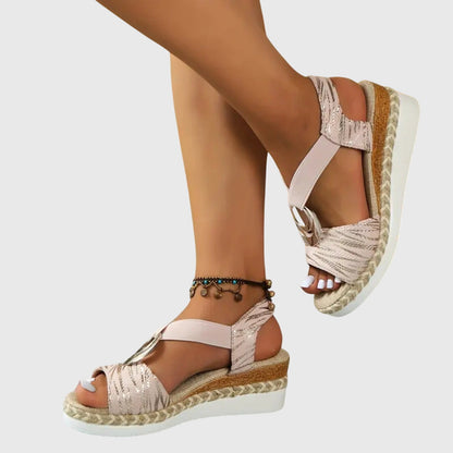 Momount Sandale Wedge Espadrile Damă – Roz Pal Metalic cu Curea la Gleznă