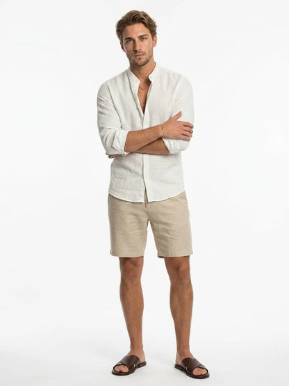 Momount Men Linen Shirt – Long Sleeve Slim Fit Button Up Casual - White - front