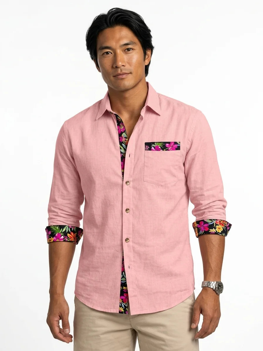 Momount Men Linen Shirt – Long Sleeve Floral Contrast Trim Hawaiian Casual - Pink - front