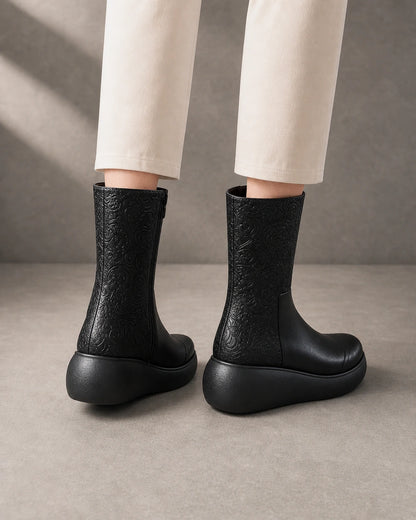 Vintage Embossed Platform Ankle Boots, black rear/top. — beverly-black-04-rear-top.webp