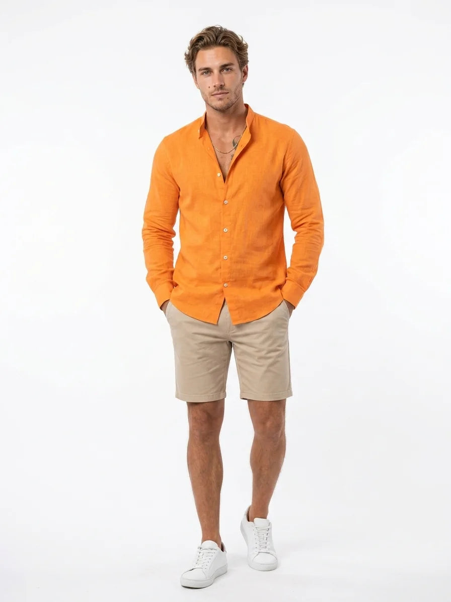 Momount Men Linen Shirt – Long Sleeve Slim Fit Button Up Casual - Orange - front