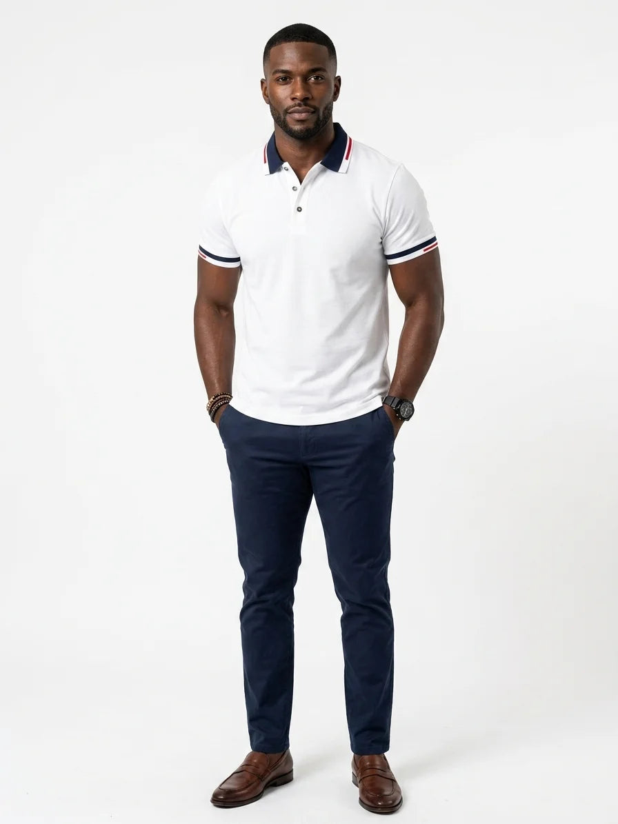 Momount Men Polo Shirt – Contrast Collar Striped Cuff Short Sleeve - White - front