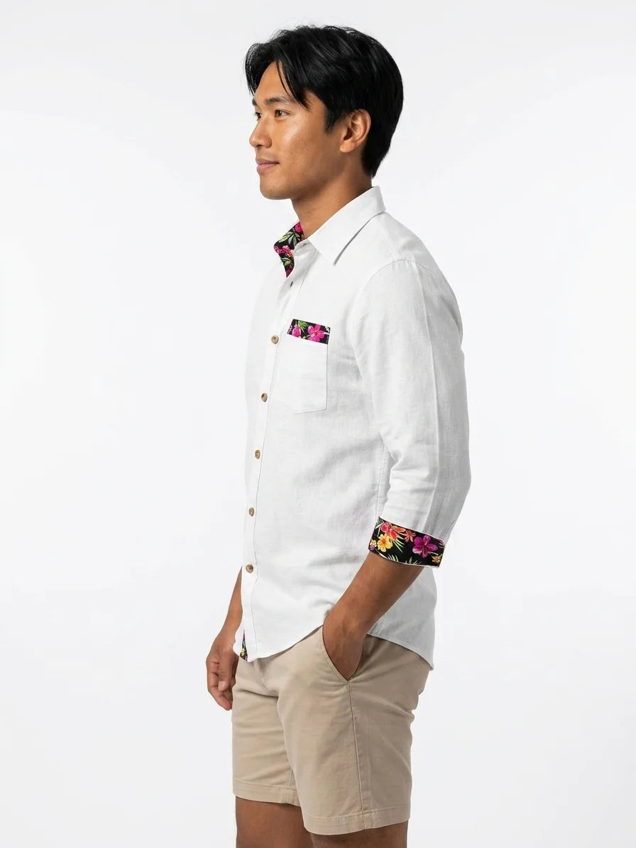 Momount Men Linen Shirt – Long Sleeve Floral Contrast Trim Hawaiian Casual - White - side