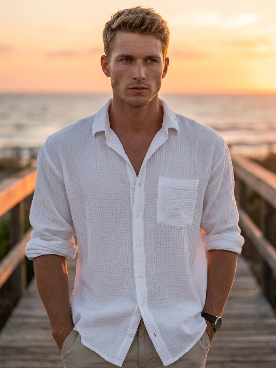 Momount Men Waffle Linen Shirt – Long Sleeve Button Up Textured Casual - White - lifestyle_beach