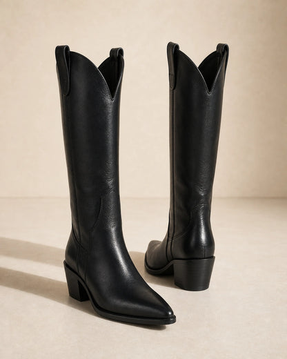 Pointed Knee-High Western Boots, black product view. — calista-black-08-reassurance.webp