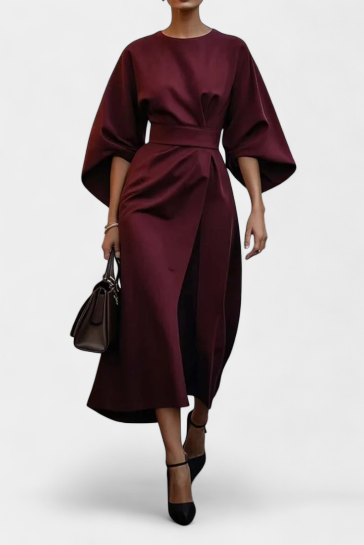 Rochie Midi de Birou Momount Damă – Croială Lejeră, Mânecă Largă, Curea Eleganta